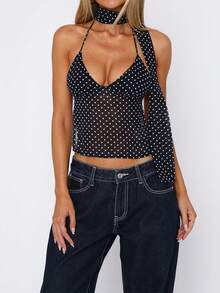 Women's Fashion Contrast Dot Cami Top With Deep V Backless Tie Strap Sheer Back - Black and White - View 1