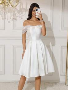 女士露肩亮片缎面返校节礼服，短款 A 字形礼服舞会礼服，返校节、婚礼、毕业典礼、派对、鸡尾酒会 - 白色 - 查看 3