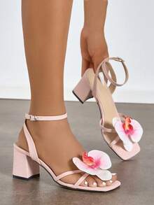 女士优雅高跟凉鞋，花朵装饰，露趾，闪亮，适合派对、户外活动、时尚场合，粗跟，粉色，春夏装扮 - 淺粉色 - 查看 3