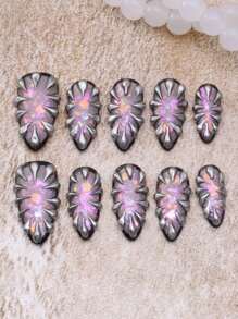 10 pezzi Unghie cromata per l'estate, unghie nere e argento in stile Y2K, kit di unghie acriliche con arte a linee 3D creativa, forma a mandorla media, glitter fatti a mano, set di unghie finte goth, accessori per unghie, design per unghie, unghie false rosa lucide cute per Ognissanti per donne e ragazze