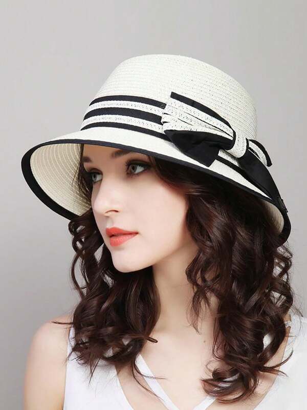 Chapeau de soleil pour femmes pour l'été, chapeau de plage style coréen avec nœud, chapeau seau confortable et respirant, casquette polyvalente tressée en paille
