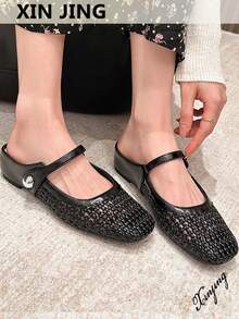 Xin Jing Shoes 2025秋季女士平底鞋时尚百搭编织镂空绑带平底增高通勤平底鞋穆勒鞋 - 黑色 - 查看 2