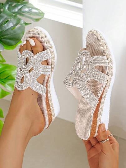Women's New Glitter Sandals, Ladies Platform Wedge Shoes, Espadrille Shoes, Rope Thick Bottom Summer Slip-On Wedge Shoes, Comfortable Wedge Beach Slippers, Ladies Fashion Spring Open-Toe Thick Bottom Wedge Sandals, Perfect For Summer Fashion, Comfortable Slip-On Sandals, Ladies Fashion Rhinestone V-Shaped Sandals