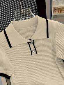 Top tricoté à bordure contrastée décontracté pour femmes, tenues d'été, tenues de la Saint-Valentin pour femmes, robes élégantes pour femmes, tenues de vacances pour femmes - Kaki - Voir 4