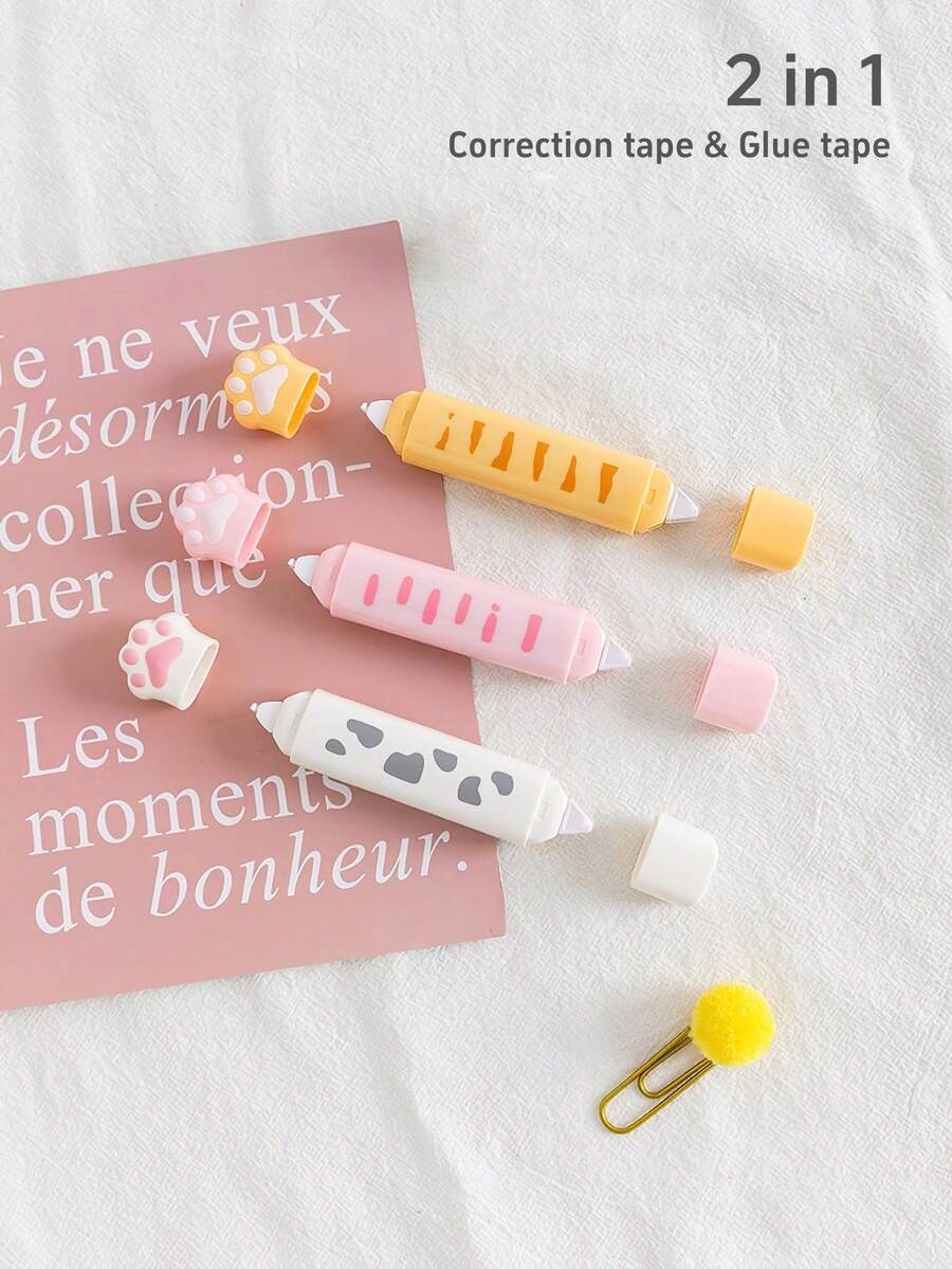 1/3pcs Cute Paw Correction Tape & Glue Tape 2 In 1, White Correcting Tools, Double Sided Adhesive Tape Roller, For Diary Album Kids Gift Office School Back To School