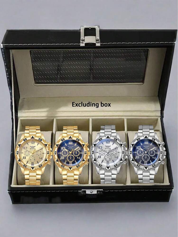 4個セット メンズカジュアル フェイク3眼 スチールストラップ ウォッチ