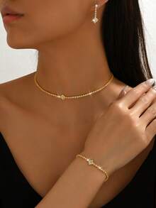 4件套优雅首饰套装 - 项链、耳环、手链，女士适用，适合派对、婚礼、感恩节、情人节等场合佩戴。 - 金色 - 查看 2