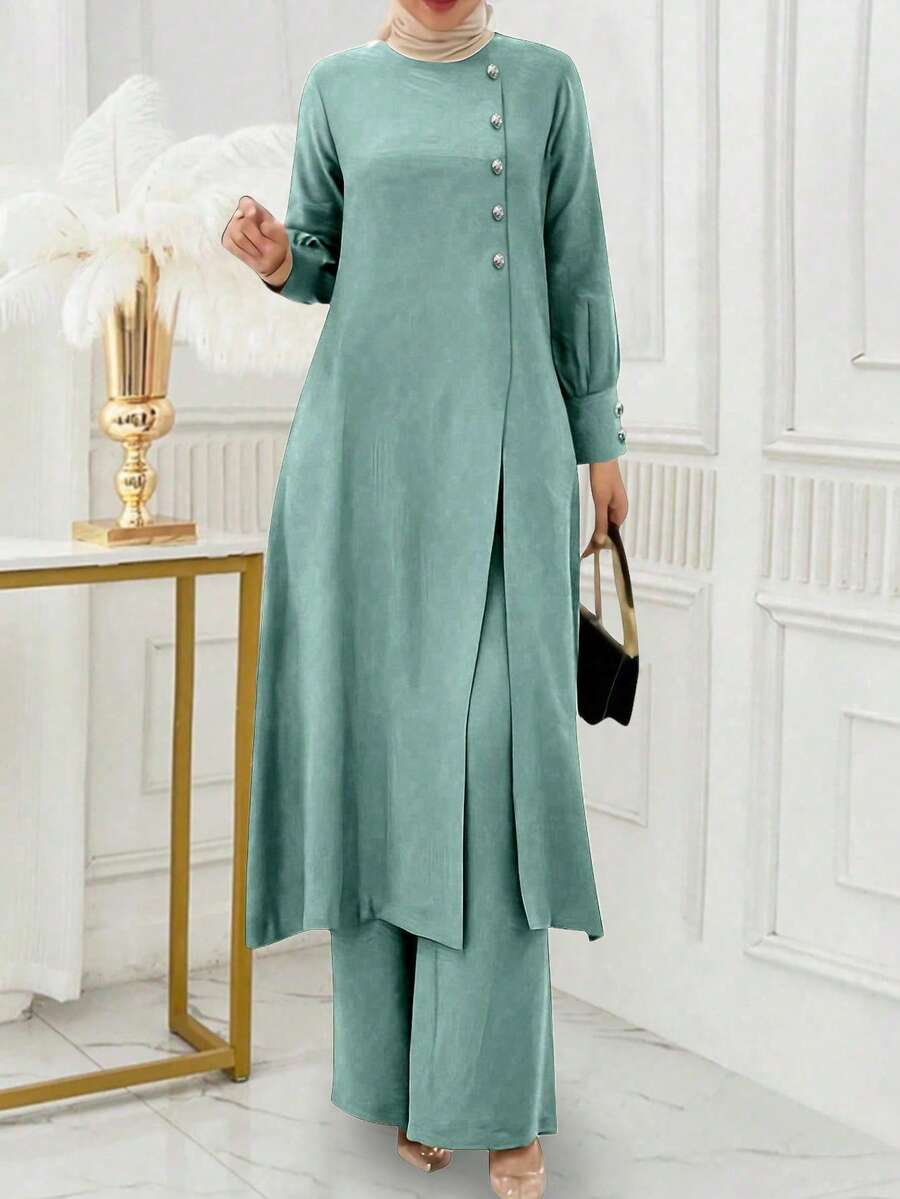 2pcs Women Solid Button Design Long Sleeve Arabian Style Top And Pants Set,Modest - Mint Green - View 1