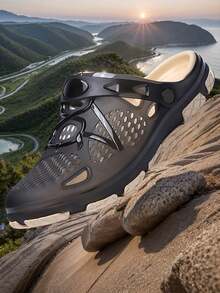 1双男士轻便舒适镂空防滑花园鞋男士网面夏季凉鞋男士休闲户外防滑厚底沙滩拖鞋（鞋面随机不对称印花）