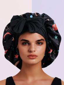 1 Stück Satin Bonnet mit Sternenmuster und Mond Personalisierung, breiter elastischer Satincap Nachtmütze