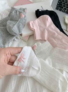 5 Pairs Bowknot Korean Ins-Style Breathable Mesh Socks, Thin Solid Color, Spring/Summer
