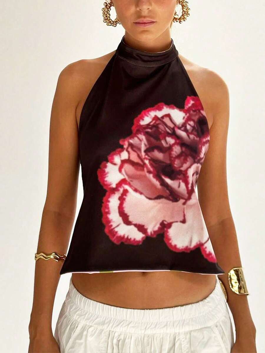 Women Y2K Halter Mock Neck Tops Dot/Floral/Tie-Dye Graphic Sleeveless Backless Crop Tank Tops Sexy Open Back Off The Shoulder Vests Shirts Summer Going Out Tops Club Party Streetwear - màu đen - Xem 1