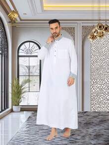 HARAMAIN Men's Thoub, 4-Button Design Hot Selling Luxury Qatari Style, Collar & Cuff Design, Fashionable Men's Arabic Robe For Prayer - White - View 7