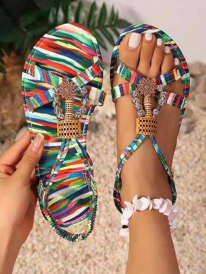 Women's Casual Lightweight Bohemian Flat Sandals, Summer Rainbow Colorful Roman Style Versatile Beach Shoes