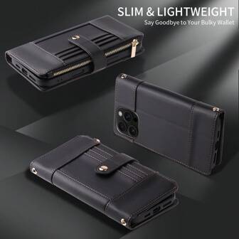 Étui portefeuille multi-fentes à fermeture éclair rétro et simple, compatible avec Apple, Séries [Remarque : les tailles de téléphone et le nombre de fentes varient, voir le lien de sélection des modèles pour plus de détails]