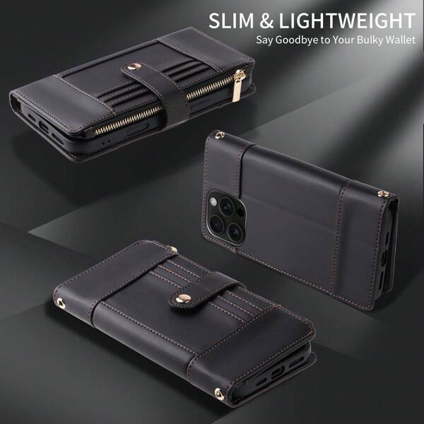 Retro Simple Zipper Multi-Slot Crossbody Phone Case Wallet Compatible With Apple, Series [Note: Phone Sizes And Card Slot Quantities Vary, See Model Selection Link For More Details]