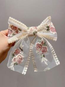 1个女士彩色玫瑰刺绣蕾丝蝴蝶结发夹，精致刺绣弹簧夹发卡，适合马尾辫、发髻，母亲节、返校季、复活节、节日礼物、新年、头部饰品、女士发饰 - 彩色 - 查看 3