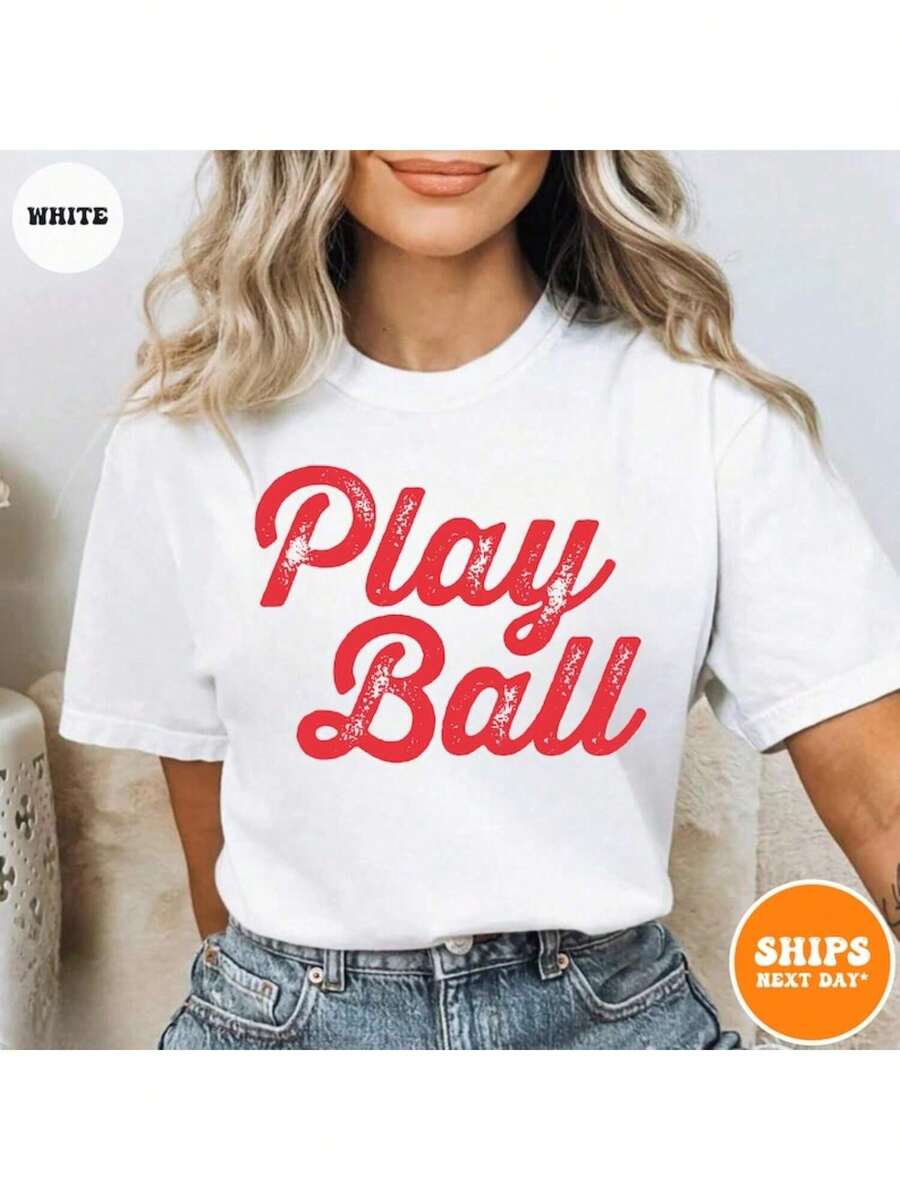 100% Cotton Play Ball T-Shirt |   Game Day Shirt |   Baseball Game Fan Shirt |   Baseball Shirt For Women |   Game Day Shirt |   Sporty Mom |   Softball Shirt - trắng - Xem 1