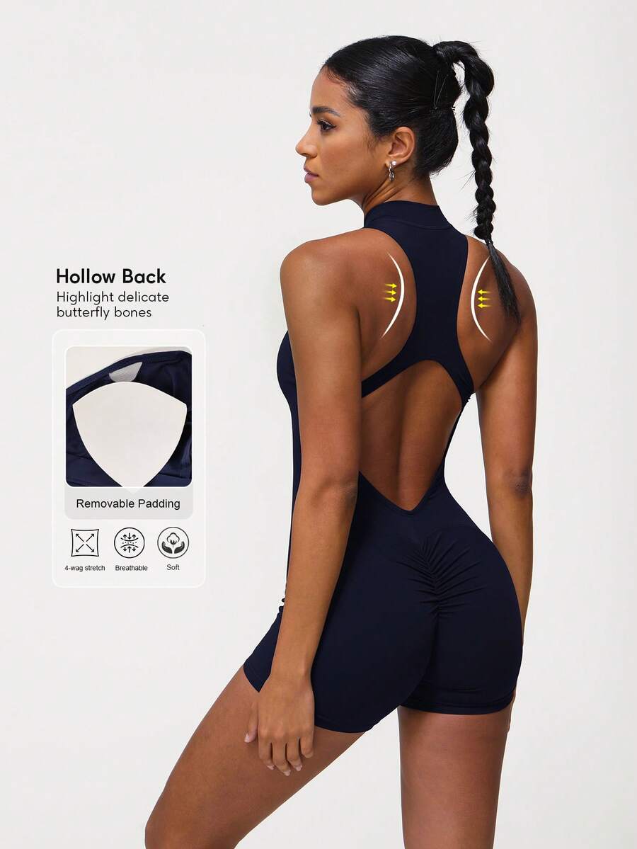 Sodalemon Áo liền quần thể thao nữ màu hồng đào, có khóa kéo, hở lưng, ôm sát hông, thích hợp cho yoga và tập thể dục mùa hè.