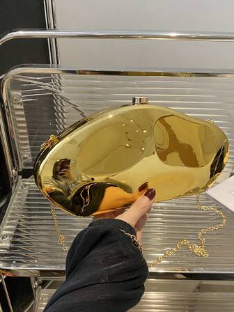 New Fashion Sculptural Metallic Clutch Bag, European & American Molding Design Evening Bag, Unique Socialite Party Metallic Chain Shoulder Crossbody Bag, For Women