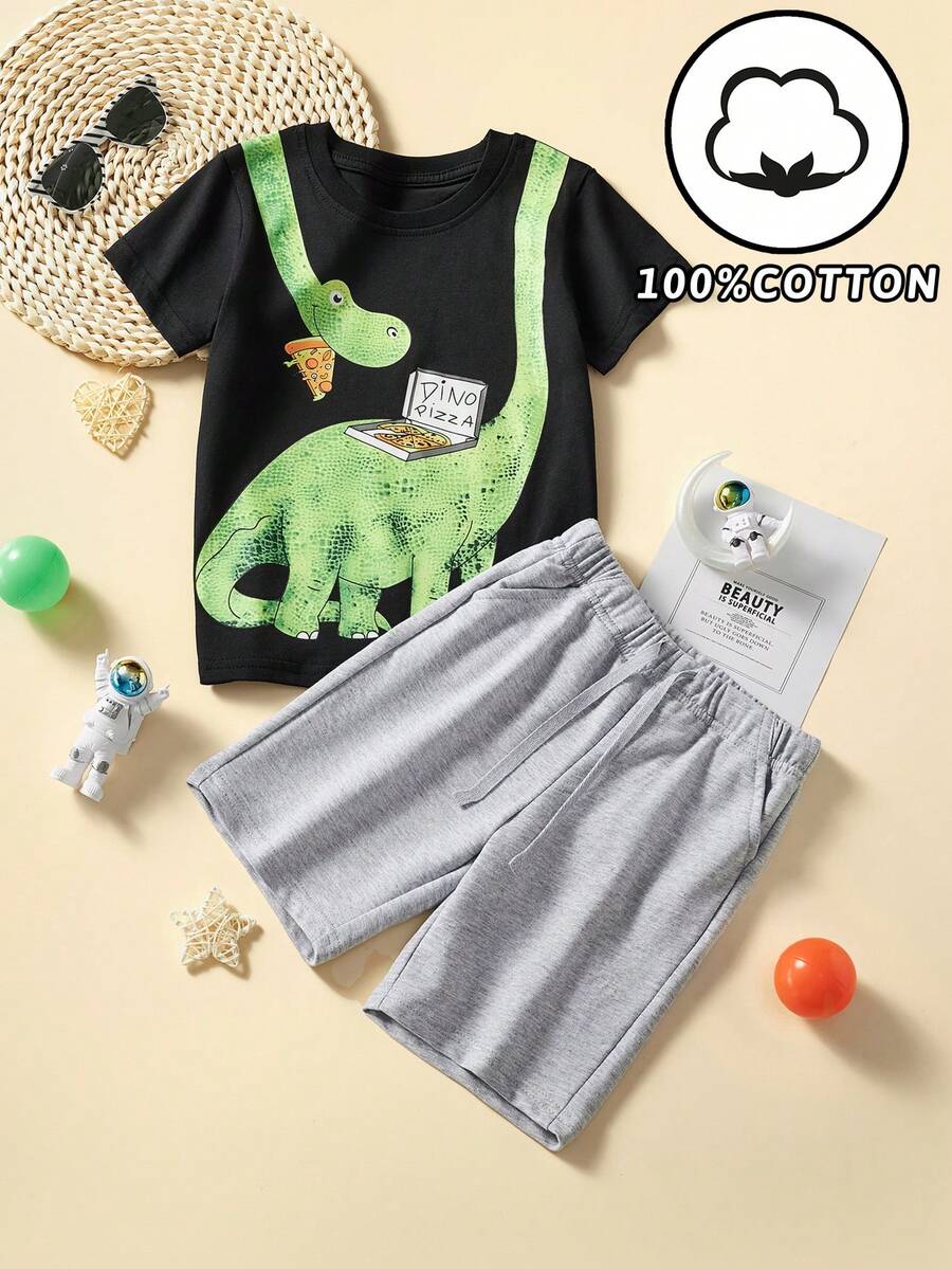 Young Boy Casual Short Sleeve T-Shirt Set, Cartoon Dinosaur Pattern Print, Summer Fashion, 2pcs Short Sleeve T-Shirt And Shorts - Multicolor - View 1