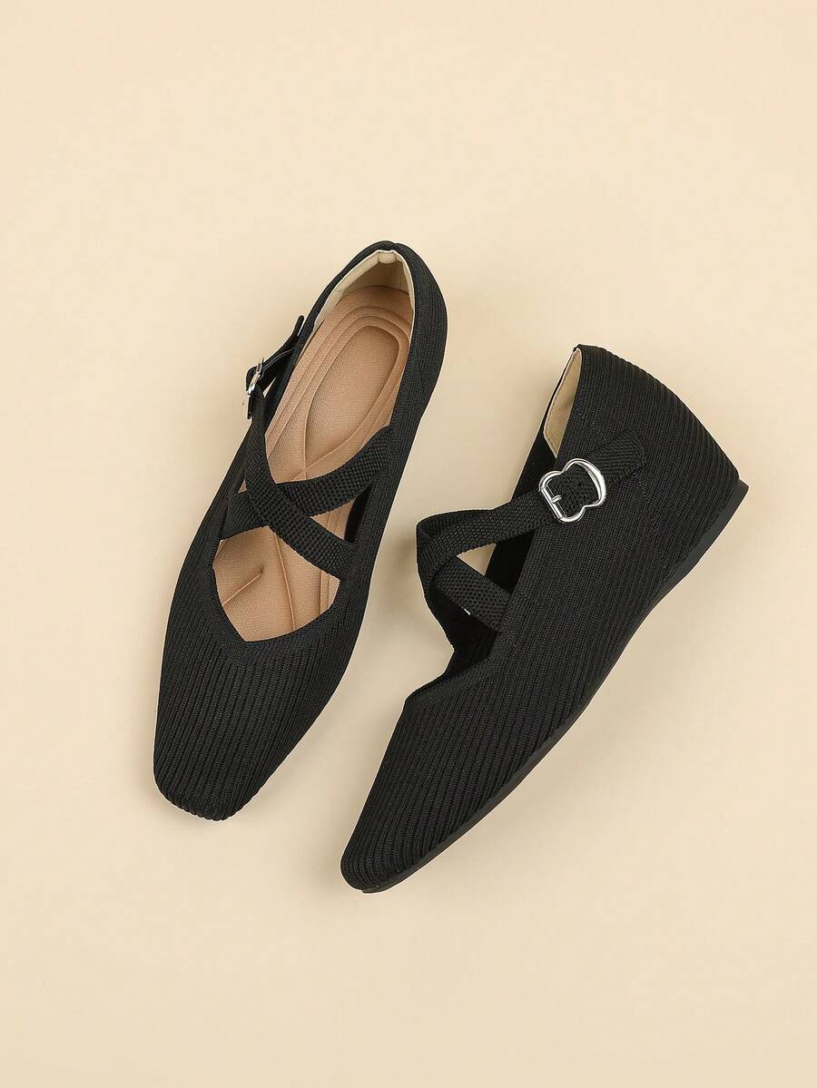 Women's Square Toe Knit Breathable Mary Jane Strap Adjustable Buckle Flat Heel Casual Invisible Height Increasing Slip-On Shoes, Suitable For Petite, Can Wear In All Seasons
