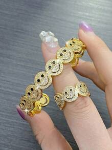2pcs Set Luxury Elegant Smiling Face Bangle And Ring Set, Fashion Minimalist Copper Alloy Cubic Zirconia Jewelry Set, Valentine's Jewelry Gift
