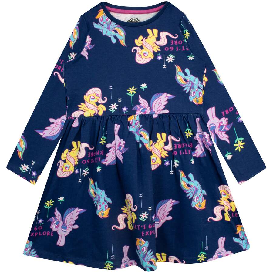 Dress | Girls Unicorn Ponies Dress | Girls My Little Pony Dress | Girls Long Sleeve Dress | Official Merchandise | Fast UK Delivery Shipping | Trusted UK Seller | Great Gift For Kids | Perfect For Summer Holidays, Birthdays And Christmas - Navy Blue - View 1