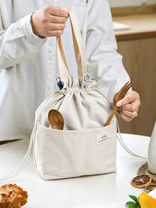 Canvas Lunch Bag With Drawstring, Insulated Handbag For Lunch Boxback To School School Stuff Bag For School Work Lunch Bag For Women Cooler Bag Picnic Accessories School Accessories - White - View 2