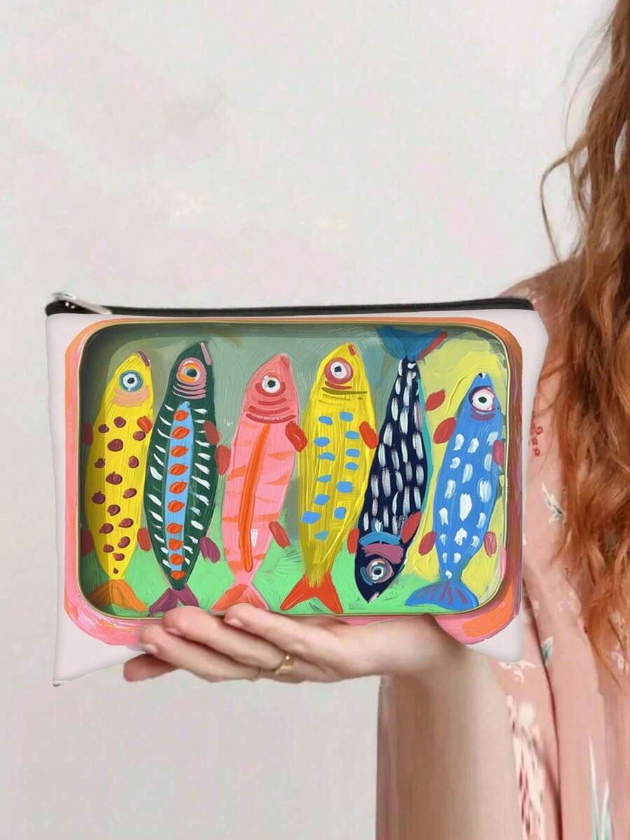 Túi đựng đồ trang điểm vải canvas dành cho người lớn, không gây dị ứng, túi đựng đồ trang điểm có khóa kéo in họa tiết cá mòi thời trang, túi xách tay lót vải polyester in hai mặt, quà tặng Giáng sinh cho bạn bè - Nhiều màu - Xem 1