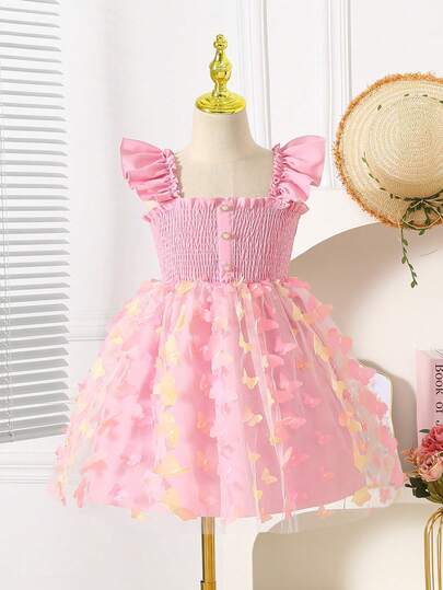 Young Girls' Elegant Sleeveless Buttoned Dress With Bowknot Decor, Butterfly Net Strap Casual Summer Dress
