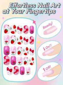 24pcs Kids Press-On Nails Girls Fashion False Nails Set, Kids Nails Artificial False Nails Patches Pre-Glued Full Coverage Short Acrylic Nails Suitable For 3-12 Years Old Kids Nails Great For Girls Birthday Gifts Kids Nail Art Decoration (Sweet Girly)