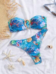 Sexy Random Print Halter Two-Piece Bikini Swimsuit For Summer Beach Vacation - Blue - View 1