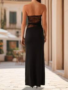 Women's Summer Long Tube Dress Sheer Lace Patchwork Sleeveless Strapless Backless Bodycon Ankle Length Dress - 黑色 - 查看 5