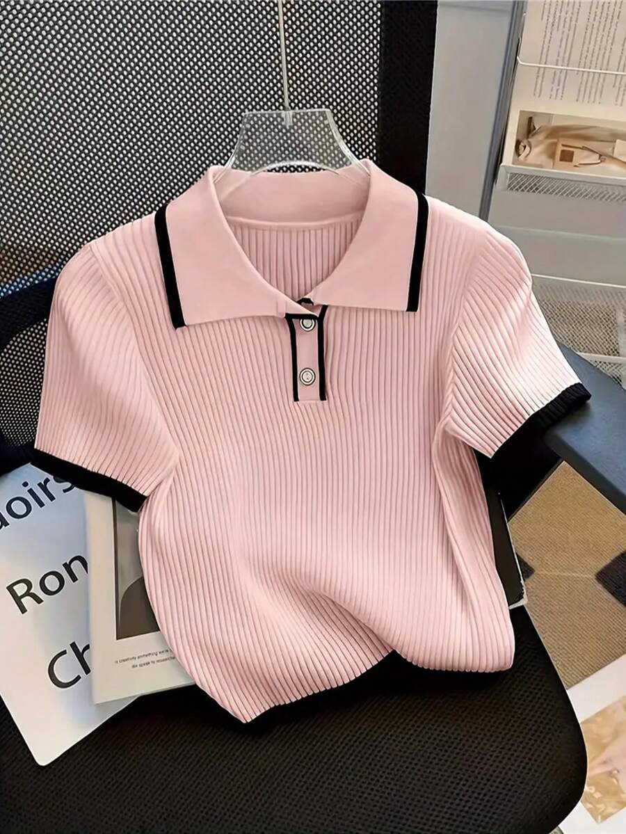 女款螺紋 Polo 領針織上衣,短袖對比飾邊拼接上衣,休閒優雅襯衫,適合春夏秋冬 & 度假 - 粉色 - 查看 1