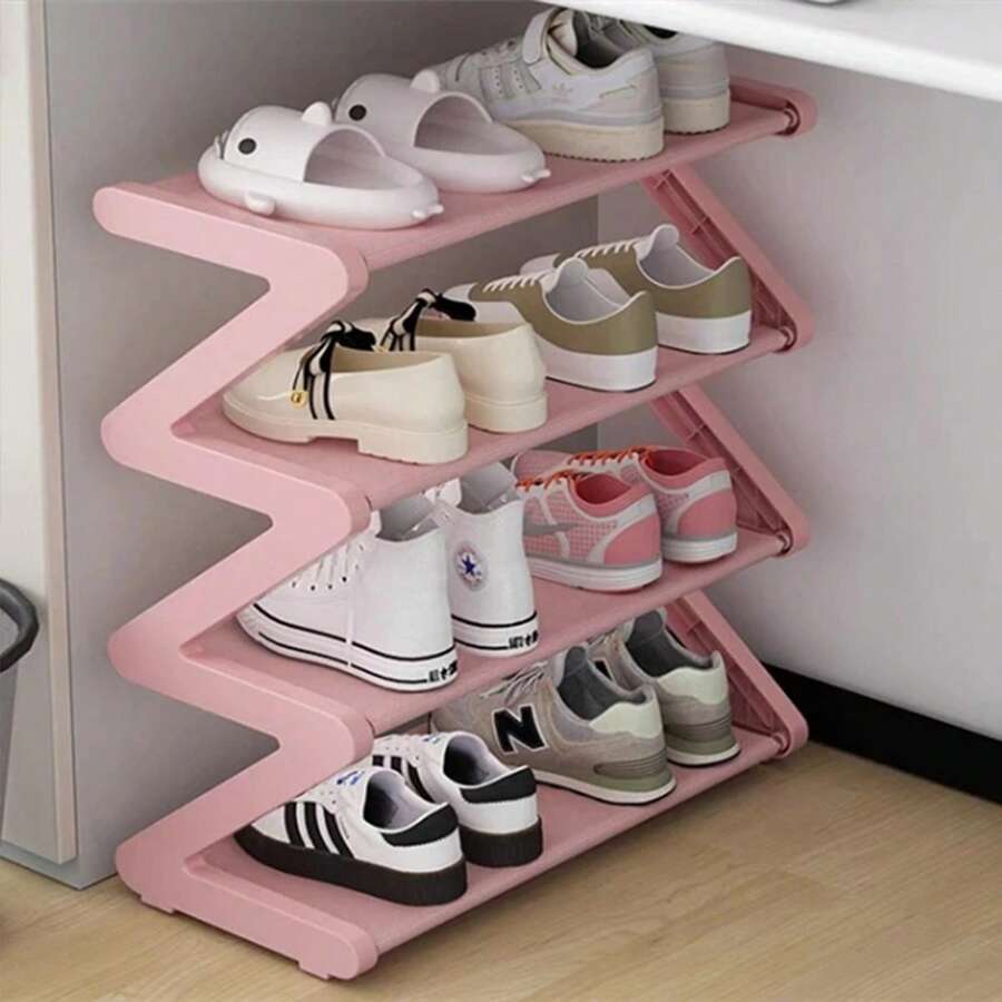 Four-Layer Large Z-Shaped Shoe Rack, Easy To Assemble Without Tools, Pink Plastic Stackable Storage Organizer, Suitable For Home, Dormitory And Living Room, Space-Saving Floor Design, Shoe Storage Organizer