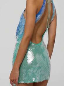 Women Halter Neck Dress Casual Contrast Colors Sequins Cowl Neck Backless Mini Party Dress For Beach Club Streetwear