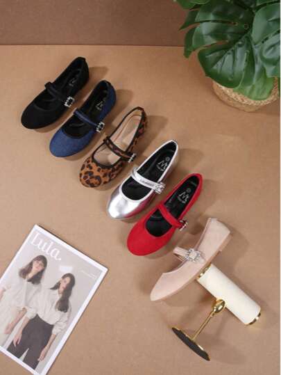 Round Toe Ballerinas With Strap And Adjustable Square Rhinestone Buckle