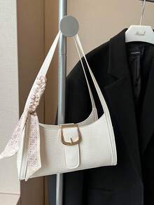 1pc Crocodile Embossed Strap Decor Minimalist Fashion One Shoulder Baguette Bag With Scarf - Beige - View 11