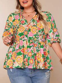 Plus Size Women Casual Floral Print Ruffle Collar Tie Waist 3/4 Lantern Sleeve A-Line Blouse Shirt, For Summer