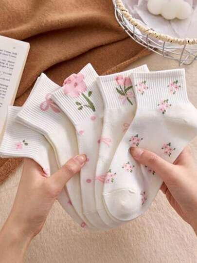 5 Pairs Women's All-Over Floral Print Fashionable Versatile Comfortable Artistic Style Short Socks, Spring/Summer