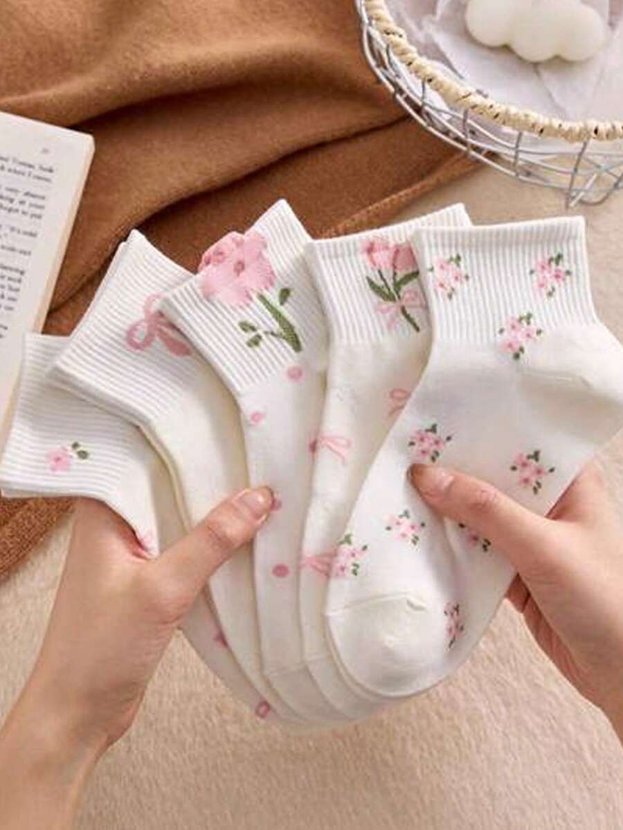 5 Pairs Women's All-Over Floral Print Fashionable Versatile Comfortable Artistic Style Short Socks, Spring/Summer - Multicolor - View 1