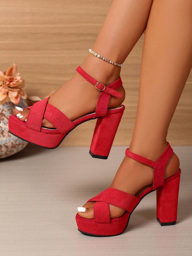 Sandalias de plataforma alta con tacón grueso rojo, puntera puntiaguda, de gamuza negra y hebilla trasera, cómodas y versátiles para mujer, para primavera/verano - Rojo - Añade 2
