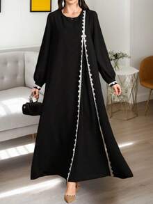 Elegant Lace Trim Solid Color Robe, Women's Loose Long Dress - Black - View 8