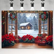 1 Christmas Background Flag, Multifunctional Holiday Background, Snow House Scene, Phoenix Flowers And Gifts, Universal Size, No Need For Electricity, Suitable For Holiday Indoor And Garden Parties, Red Curtain Christmas Background, Etc.