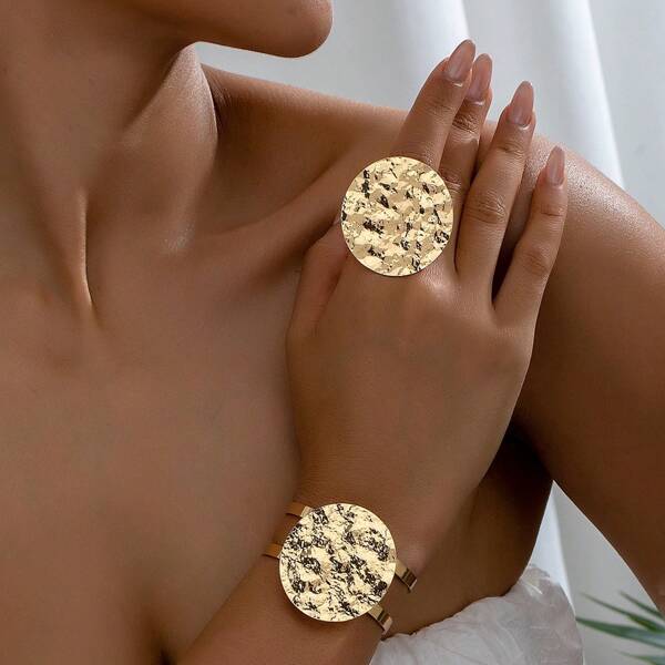 1 Set Metal Mini Embossed Disc Ring Bracelet