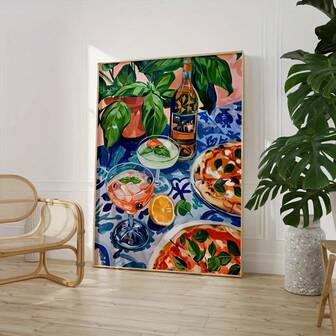 1 st elegant canvastavla med pizza och cocktails - modern italiensk köksväggkonst, för hemmakontor eller matsal, valfri ram