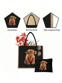 牦牛主题亚麻手提袋套装，黑色亚麻手提袋配黄色滚边，另附黑色零钱包，适合日常购物、手提、个性化礼品包装、旅行，是假日、周末、婚礼、生日、海滩、度假的理想之选，也是送给女性、母亲、教师、朋友以及开学季的绝佳礼物。