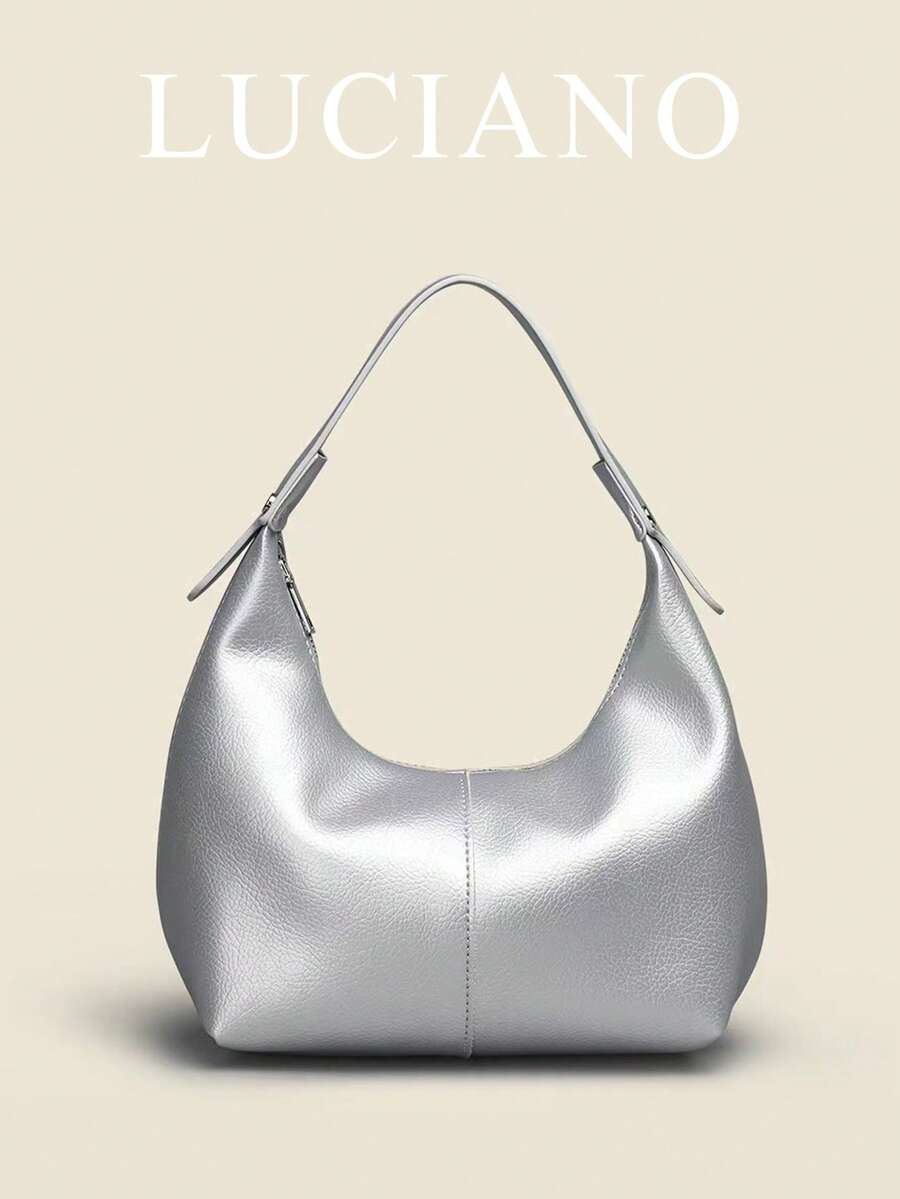 New Fashionable Minimalist Versatile Crescent Bag, Shoulder Bag, Solid Color Elegant, French Style Crossbody Bag, Handheld Crescent Bag, Lightweight Niche Young Adult Commute, Daily, Travel, Shopping, Silver - Silver - View 1