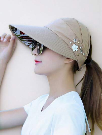 1pc Women's Summer Hat (Random Pearl Color), New Outdoor Summer Mesh Hat, Travel Sun Hat, Foldable Sun Hat, Decorated Beach Hat, Ladies Hat